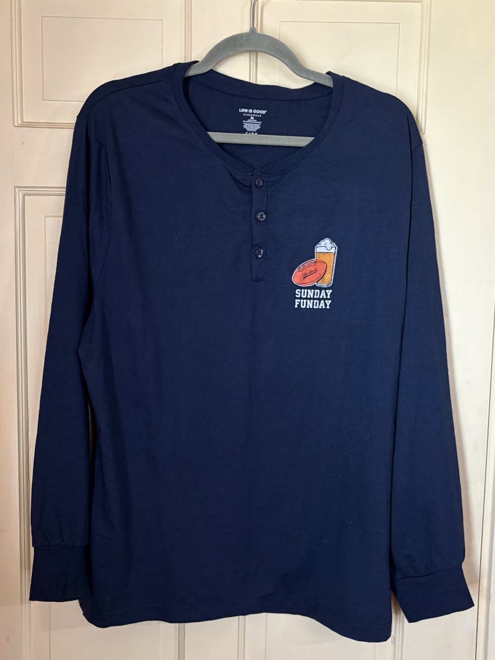 Life Is Good Henley Shirt Adult XL Blue Sleepwear Sunday Funday Long Sleeve Mens